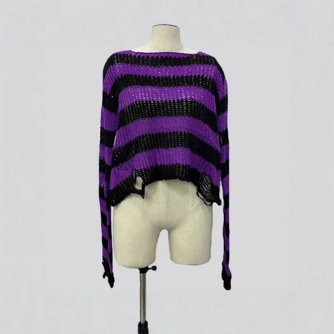 Womens Short Crew-neck Striped Pullover Knit Sweater