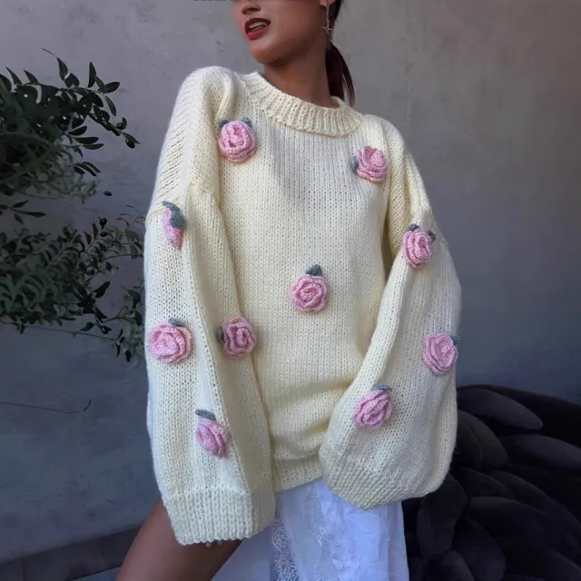 American And European style Floral decorated Sweater White - Shop at LoveMi