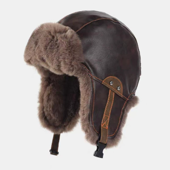 Motorcycle-style PU Leather Winter Thickened Cold-proof Earflap Retro Lei Feng Cap For Men