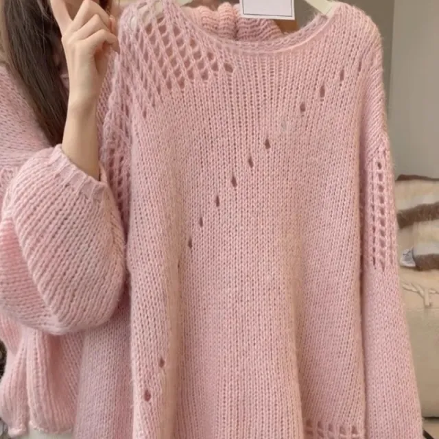 Women's Style Knitted Hollow Out Sweater Pink - Shop at LoveMi