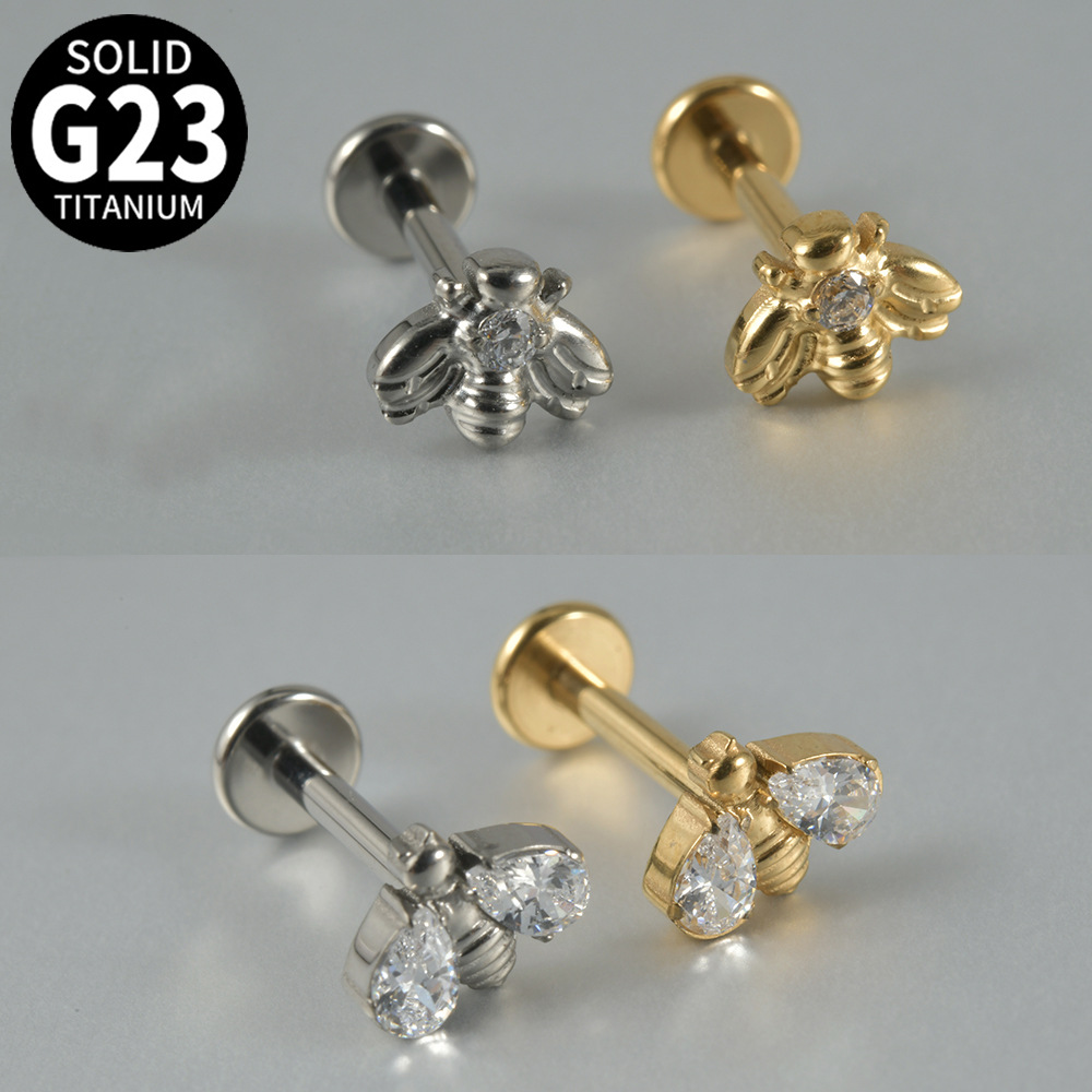 G23 Titanium Personality Straight Rod Flat Bottom Labret Inlaid Zircon Bee Labret Ear Studs Tongue Pin DIY Piercing Earrings