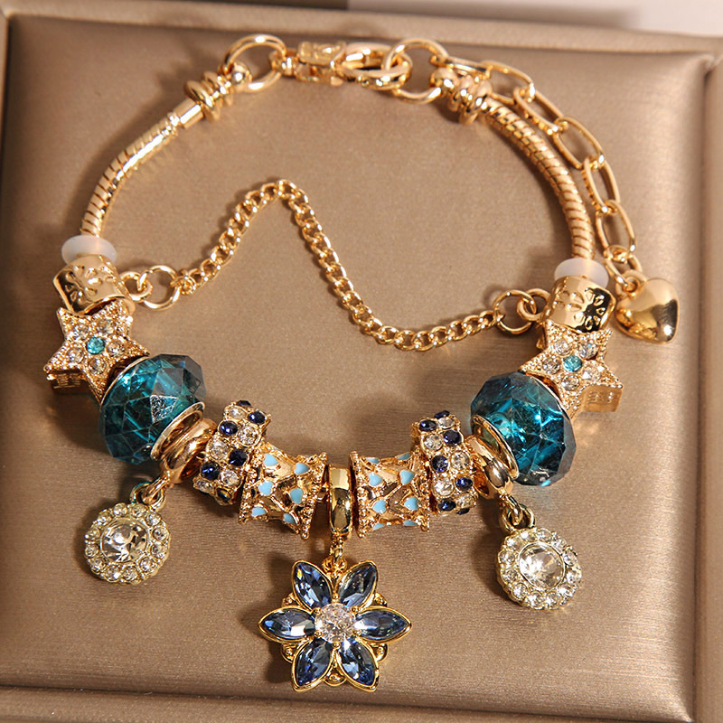 Womens Star And Flower Pendant Blue Crystal Bracelet