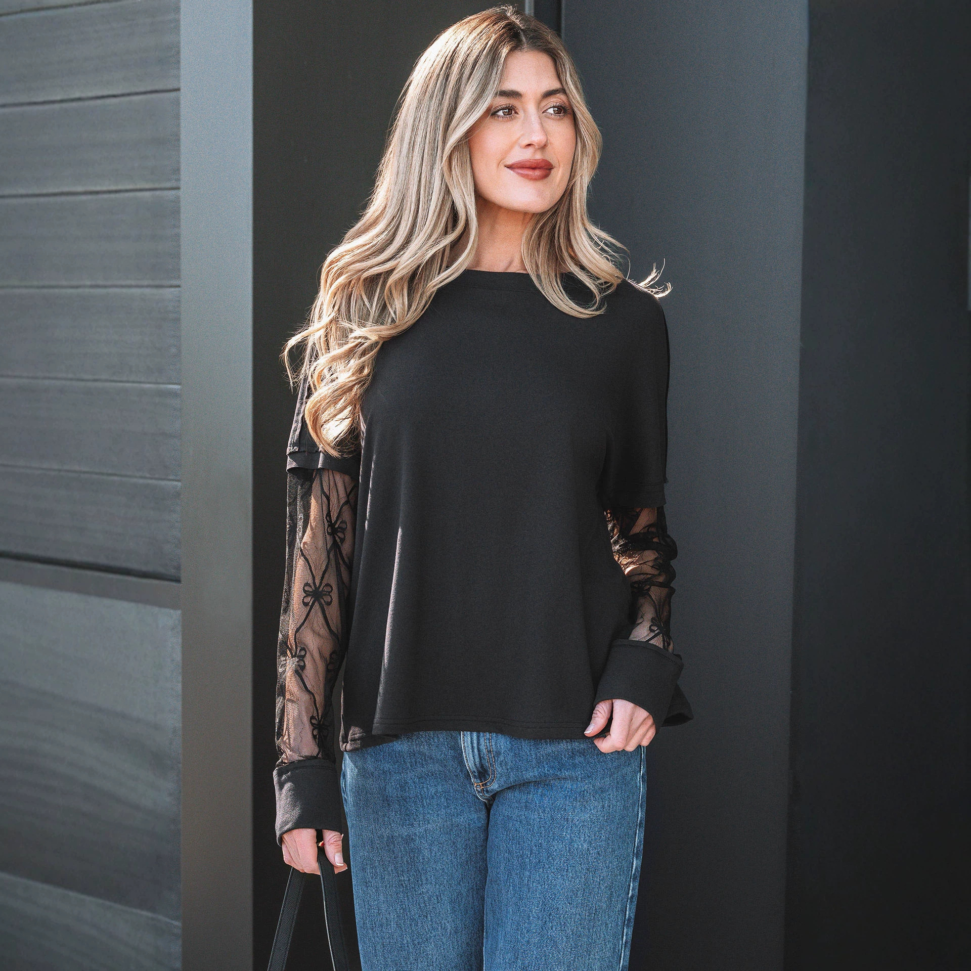 Loose Pullover T-shirt Lace Patchwork Crew Neck Polyester