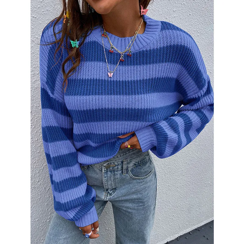 Women's Round Neck Loose Casual Contrast Colour Striped Sweater - Sapphire Blue