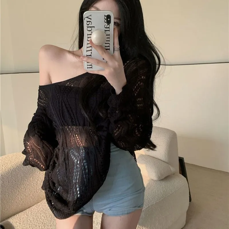 New Hollow Out V-neck Sun Protection Sweater Women - Black