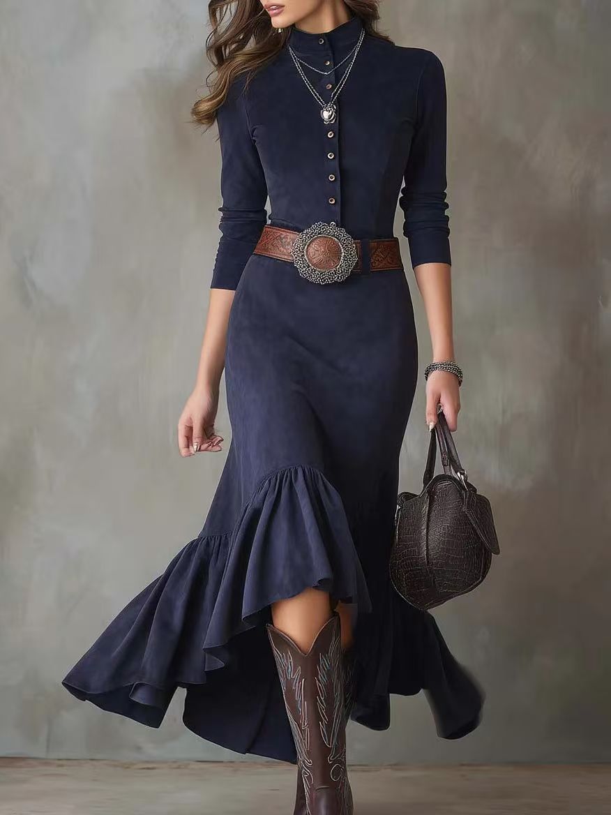 Retro Western Style Buttoned Shirred Long Sleeve Sexy Long Dress With Belt Red - Shop at LoveMi