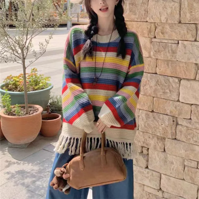 Rainbow Striped Tassel Hollow Out Sweater Rainbow Stripes - Shop at LoveMi