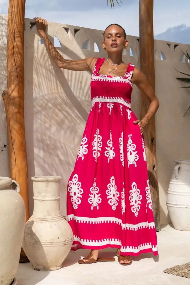 Beach Dress Vacation Style Printed Strapless Dress Red - Shop at LoveMi