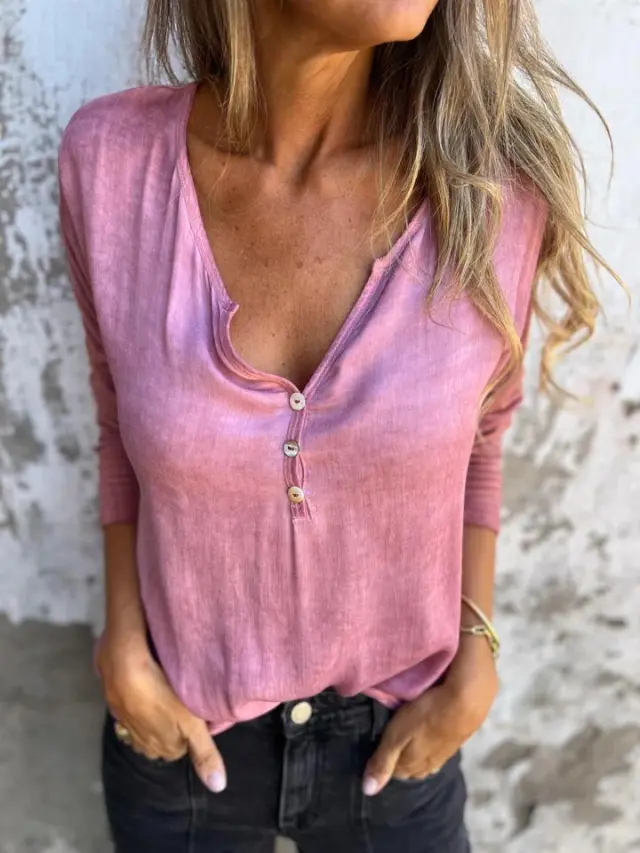 European And American Leisure V neck Solid Color Long sleeved Top Red - Shop at LoveMi