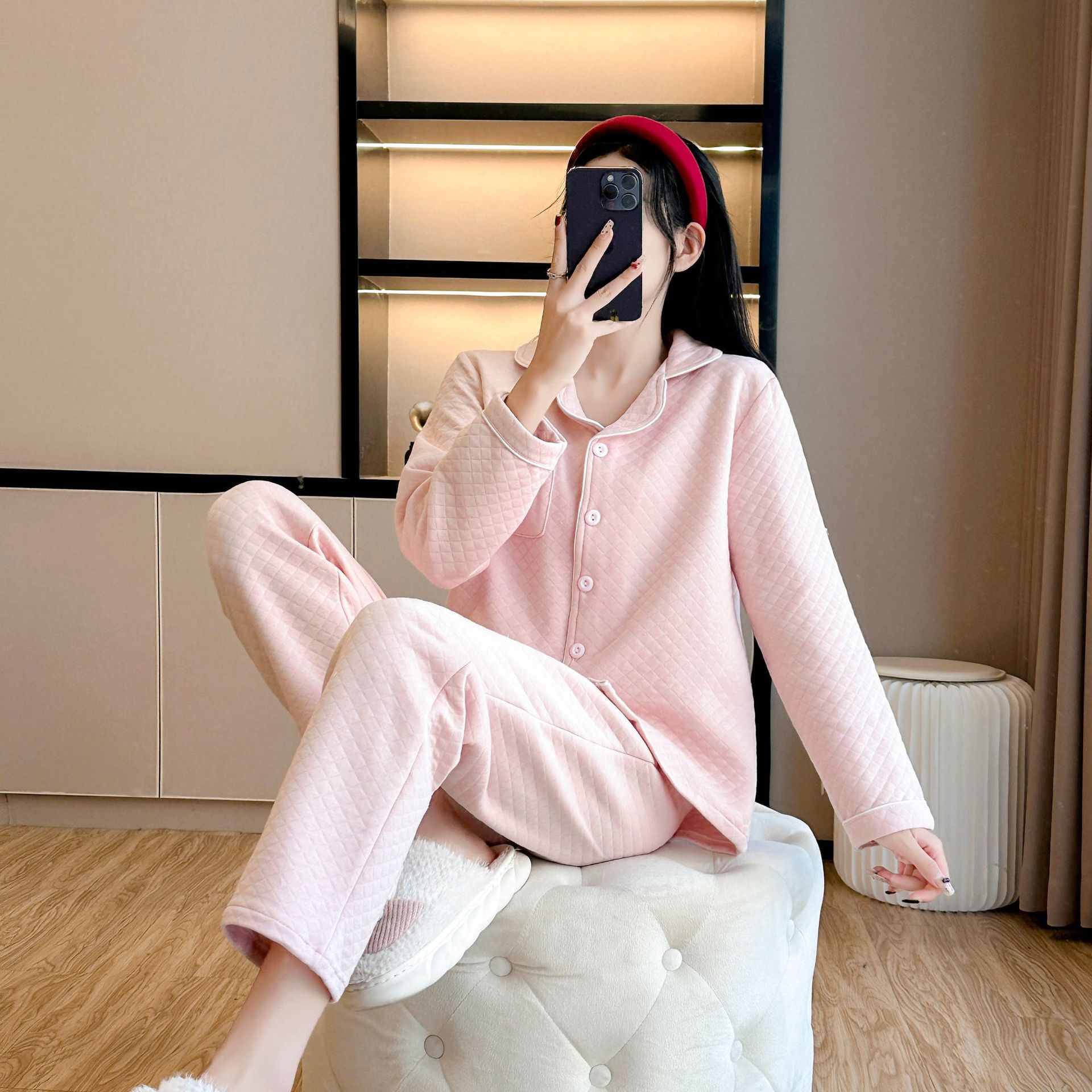 Womens Thickened Solid-Color AutumnWinter Loungewear Set With Long Sleeves