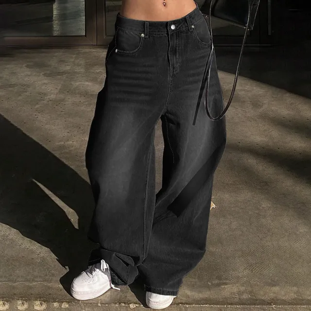 European And American Washed Wide leg Super Long Mop Jeans Black - Shop at LoveMi
