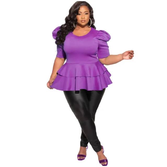 Plus size Women's Clothing Ruffled Short sleeve T shirt Top Purple - Shop at LoveMi