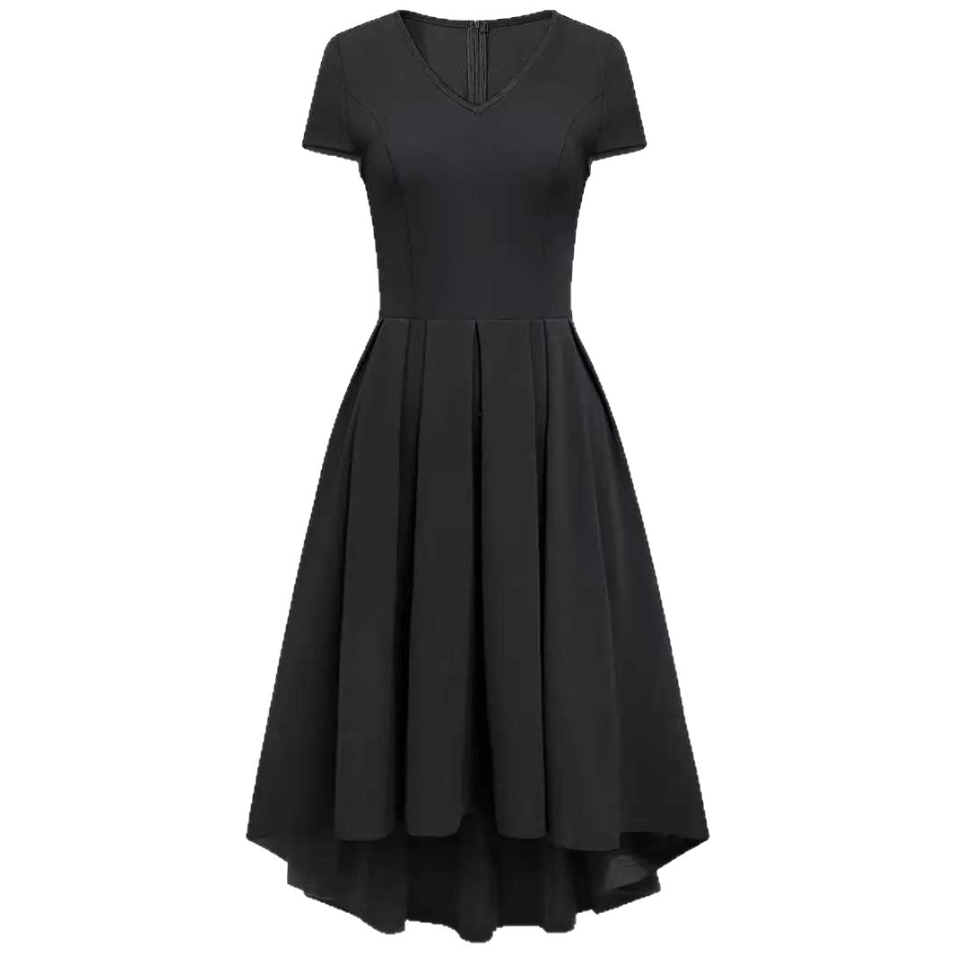 Solid-color Womens Elegant V-neck Short-sleeve A-line Dress With A Full Skirt