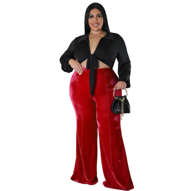 Women's Patchwork Fleece Flared High Waist Casual Pants Red - Shop at LoveMi