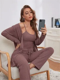 Home Wear Waffle Knitted Suspenders Top And Trousers Robe Pyjamas Three-piece Suit - Dark Purple - View 1