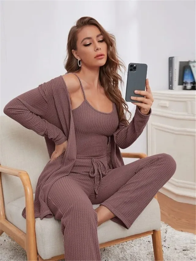 Home Wear Waffle Knitted Suspenders Top And Trousers Robe Pajamas Three piece Suit Purple - Shop at LoveMi