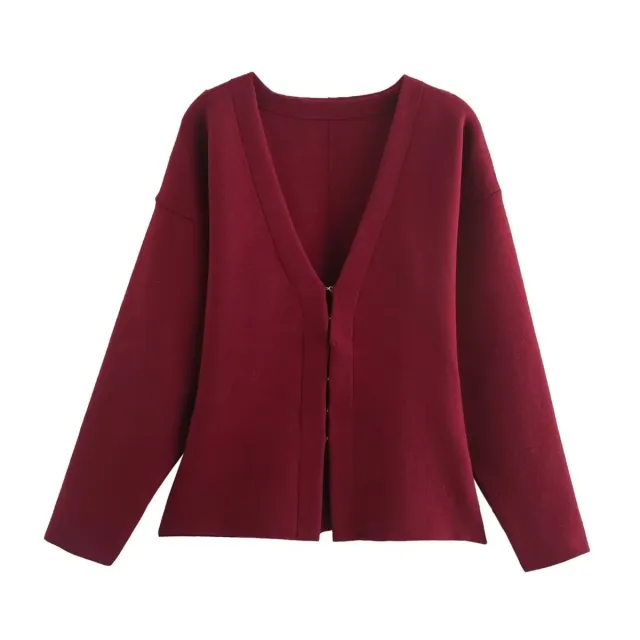 Women's V neck Long Sleeve Simple Knitting Suit Wine Red Top - Shop at LoveMi
