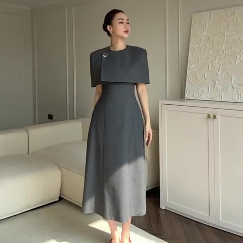 Summer New Solid Color Round Neck French Fake Two Pieces Dress Gray - Shop at LoveMi