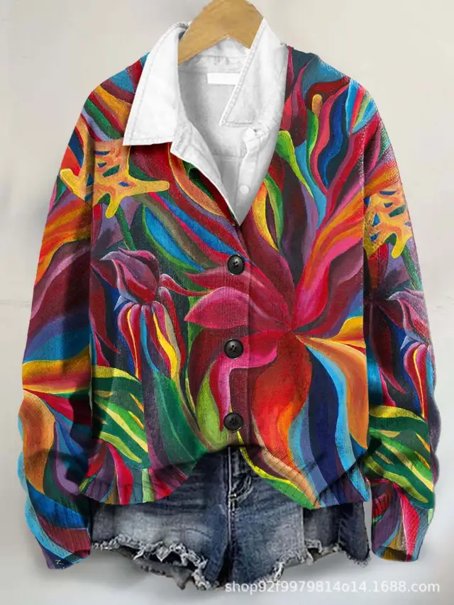 3D Flower Pattern Printing Autumn And Winter Casual Long Sleeve Coat Style 4 - Shop at LoveMi