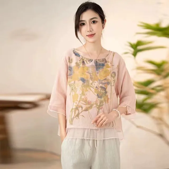 Top Plus Size Loose Casual New Summer Women's Artistic Short Sleeve Style5 Free Size - Shop at LoveMi