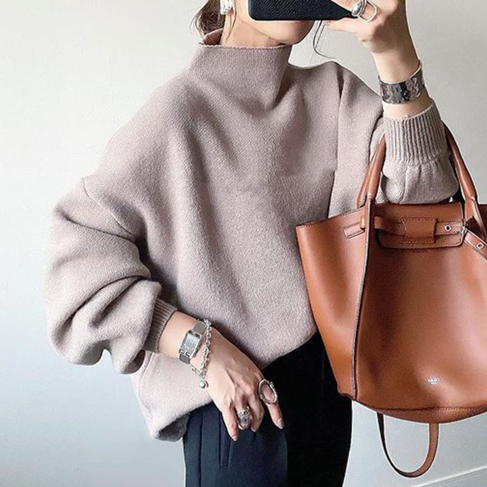 New Pullover Slimming Sweater Japanese And Korean Turtleneck Loose Striped Sweater Camel Without Logo - Shop at LoveMi