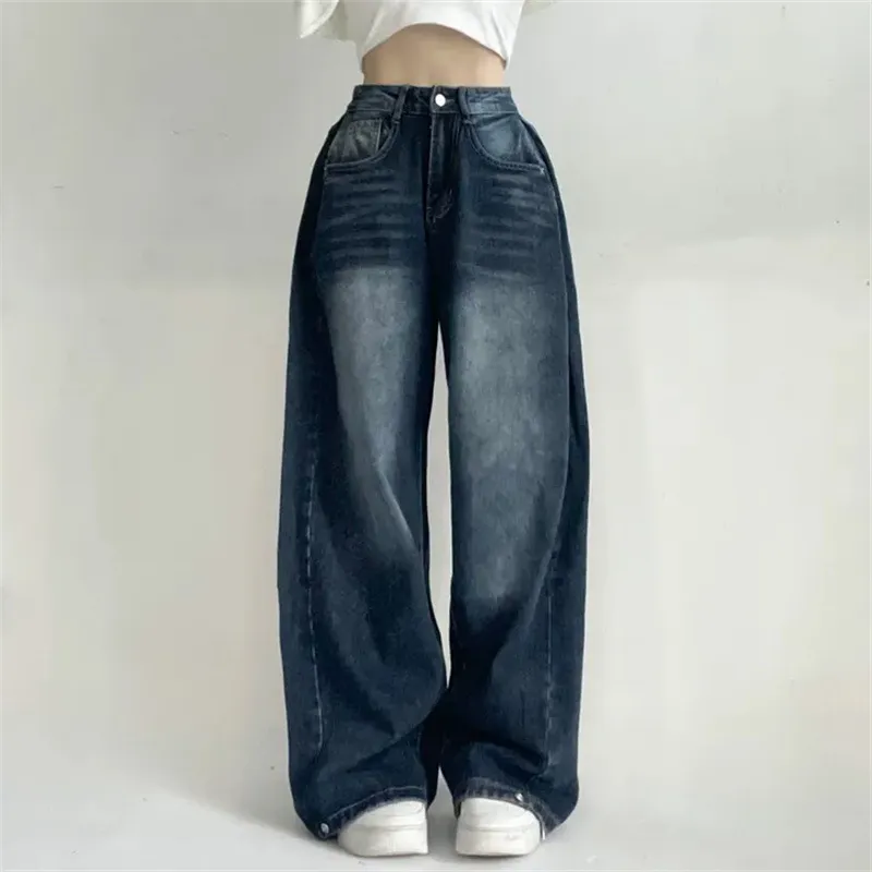 Washed Blue Wide-leg Jeans High Waist Loose Straight Long Pants - Dark Blue