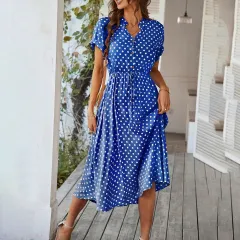 Temperament Leisure Vacation Style Polka Dot Print High Waist Lace-up Dress - Blue - View 1