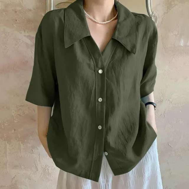 New Retro Loose Solid Color Short Sleeve Shirt Olive Green - Shop at LoveMi