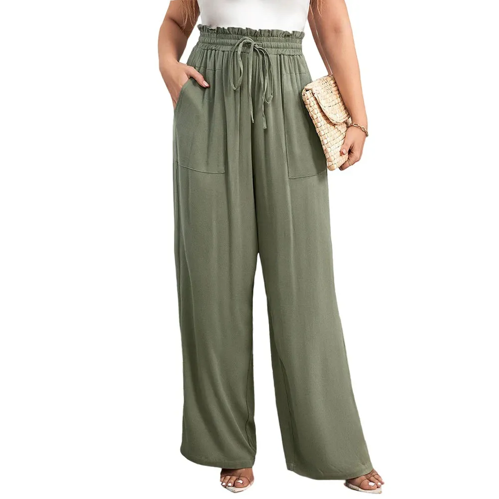 Waist-cinching Drawstring Elastic Waist With A Draped Feel, Comfortable And Slimming, Versatile Casual Wide-leg Pants For Women - Gray Green