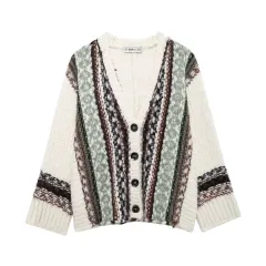 Fashion V-neck Sweater Jacquard Loose-fitting Coat - Jacquard - View 1