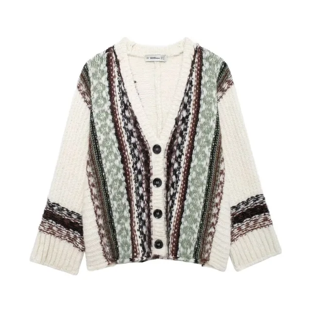 Fashion V neck Sweater Jacquard Loose fitting Coat Jacquard - Shop at LoveMi