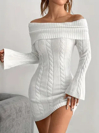 Polyester Women's Sweater Loose Casual Dress White - Shop at LoveMi
