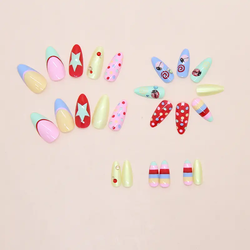 24-piece Almond-shaped Dopamine Ladybug French Polka-dot Nail Tipscute Sweet And Sparkling With Diamonds