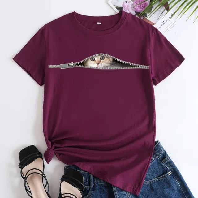 Cat Printing Cotton Round Neck Short Sleeve Women's T shirt Tops Wine Red - Shop at LoveMi