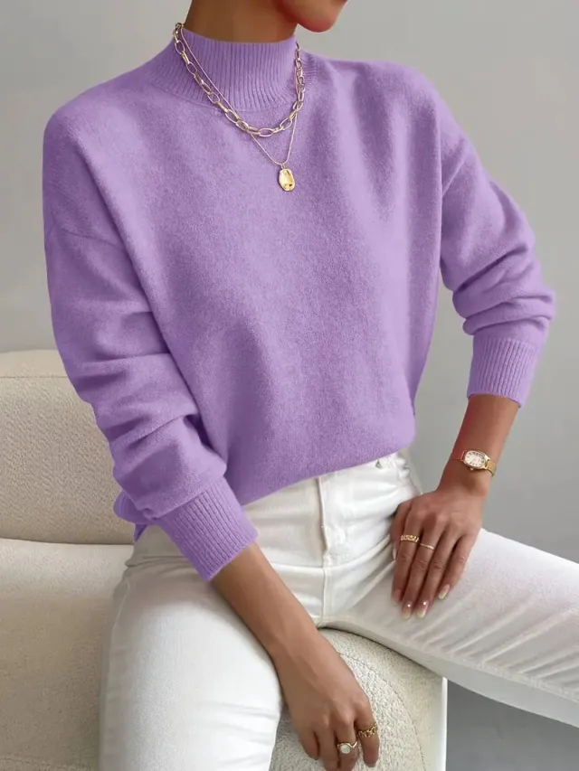 Women's Solid Color Casual And Comfortable Elegant Pullover Knitted Sweater Violet - Shop at LoveMi