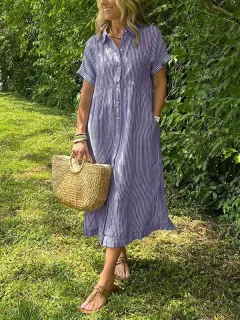 Loose Striped Short Sleeve Casual Cotton And Linen Dress - Purple - View 1
