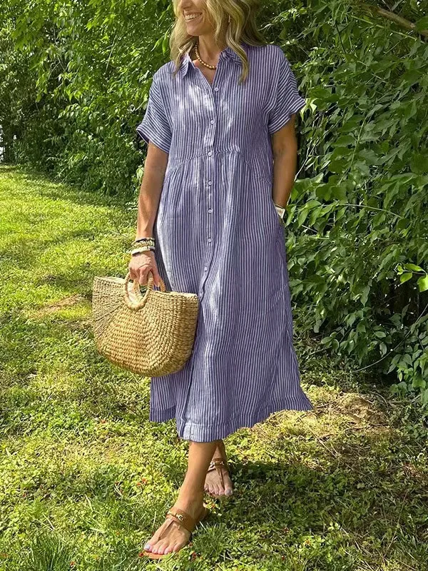 Loose Striped Short Sleeve Casual Cotton And Linen Dress - Purple