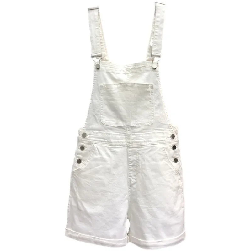 Denim Suspender Pants Women's Loose Straight-leg Edged Wide Leg Shorts - White