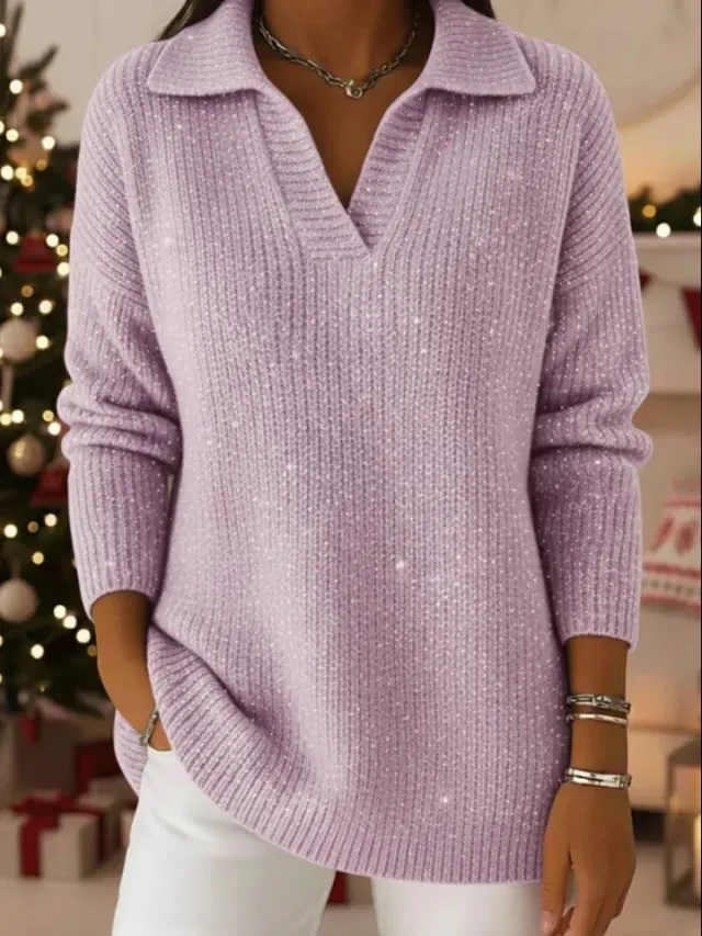 New Solid color Long sleeve Top Shimmering Sweater Pink - Shop at LoveMi