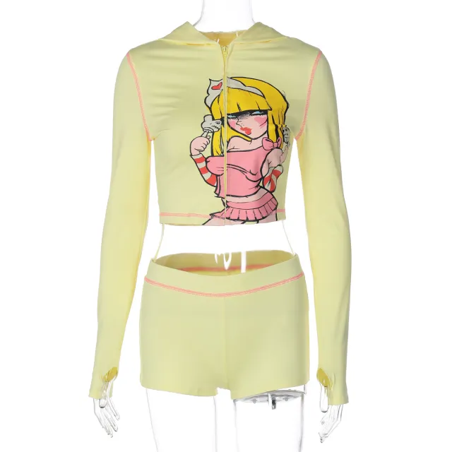 Women's Printed Casual Sporty Hooded Polyester Long Sleeve Shorts Set Yellow - Shop at LoveMi