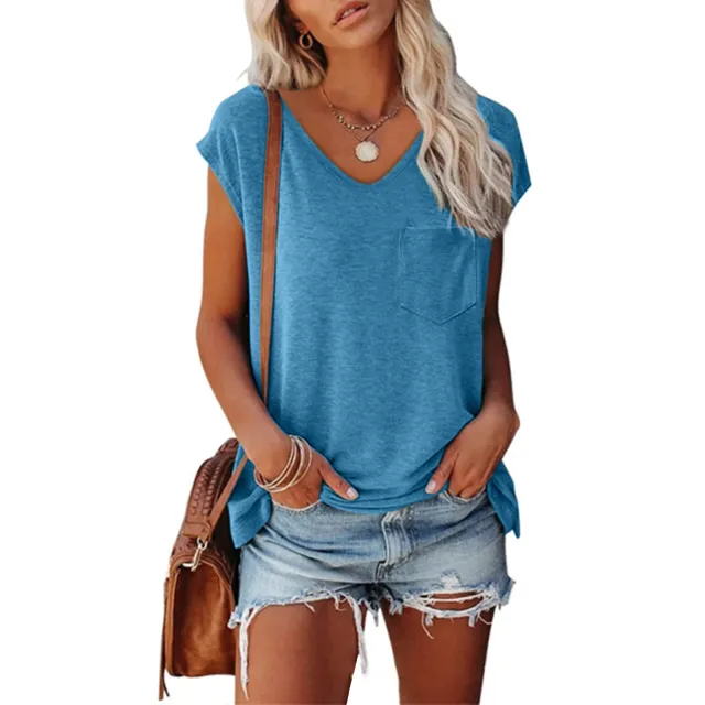 Women's Solid Color Vest Pocket V neck Short sleeved T shirt With Shoulder Light Blue - Shop at LoveMi