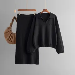 European And American Knitted Simple Hollow Solid Color Loose Long Dress Suit - Black - View 1