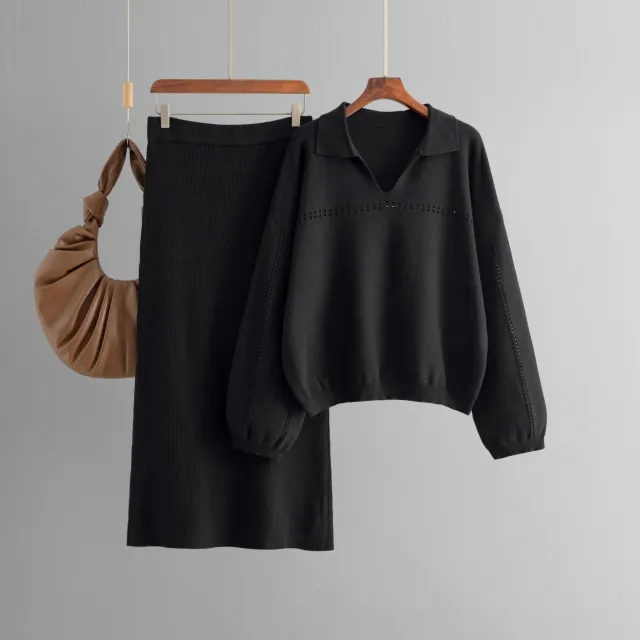 European And American Knitted Simple Hollow Solid Color Loose Long Dress Suit Black - Shop at LoveMi