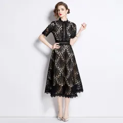 Women's French High-grade Lace Patchwork Round Neck Dress - Elegant Black - View 1