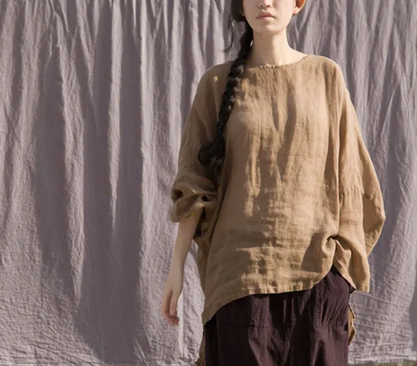Spring And Summer Lightweight Ramie Yarn Breathable And Loose Top T shirt Khaki - Shop at LoveMi