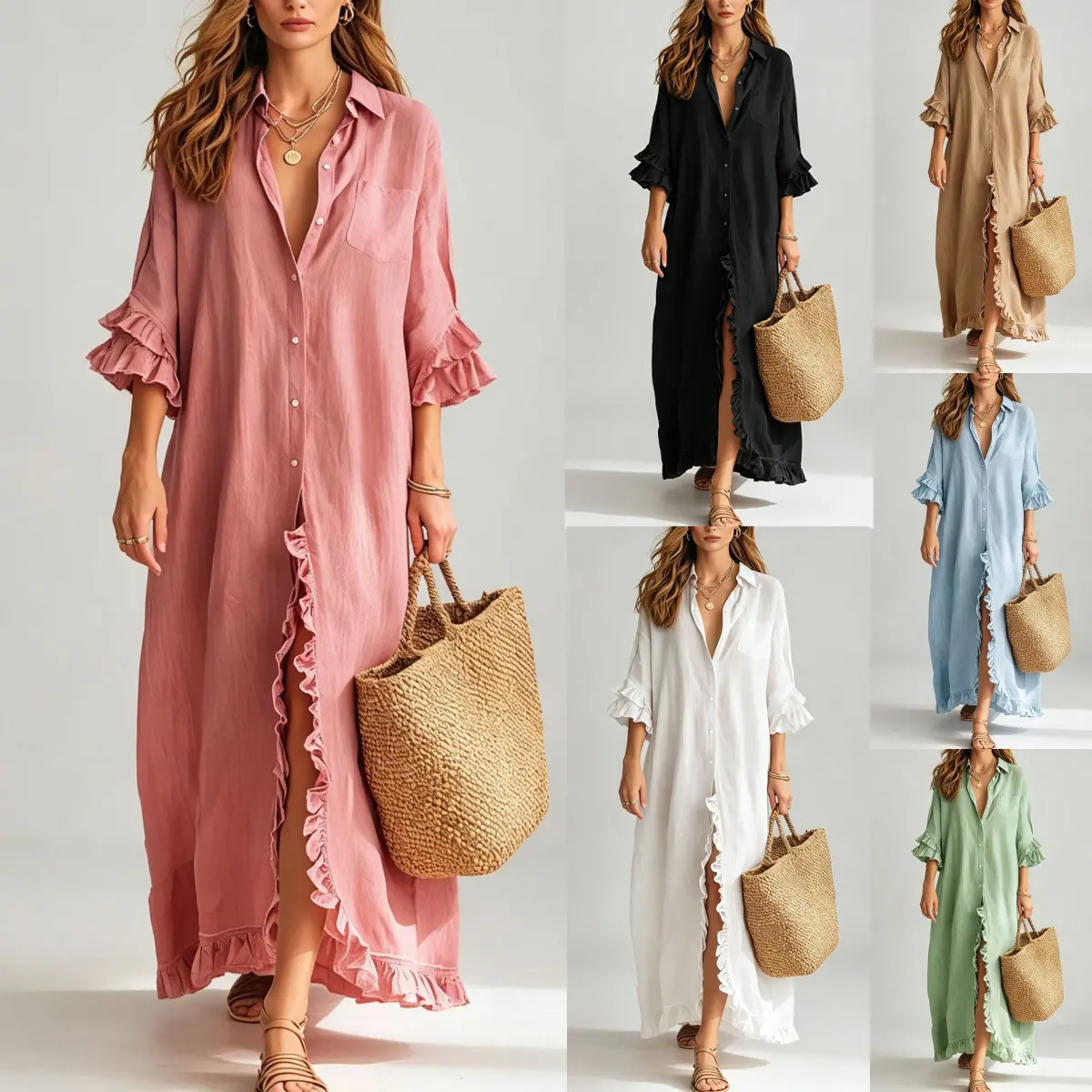 Womens Five-quarter-sleeve Shirt-style Dress