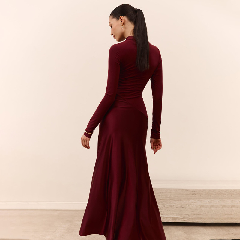 Lady's Solid Color Long Sleeve Slim Dress With Splicing Design Black - Shop at LoveMi