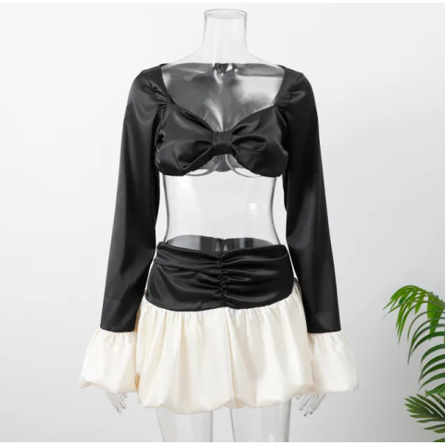 Color Block Long Sleeve Short Top Skirt Outfit Black - Shop at LoveMi