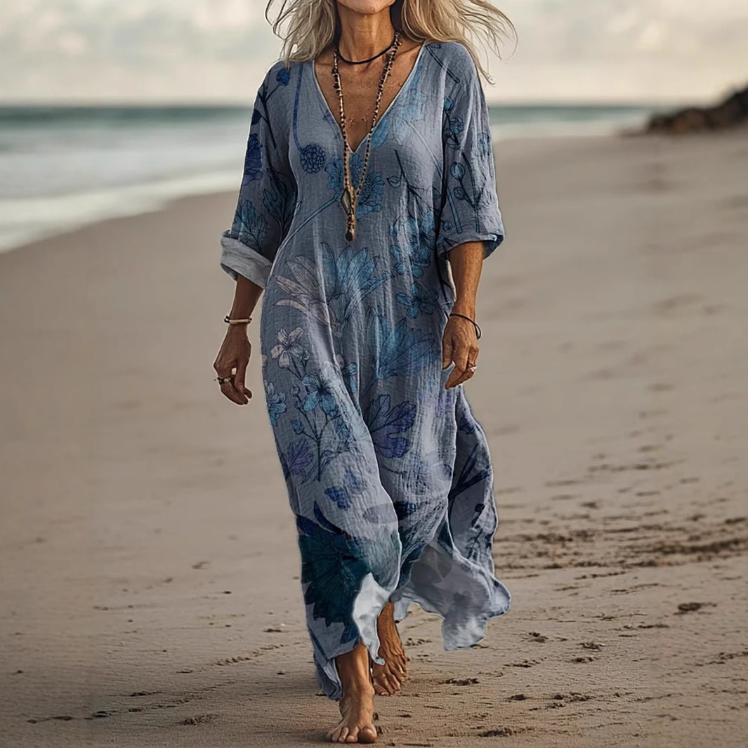 Womens Floral V-Neck Short-Sleeve Dress