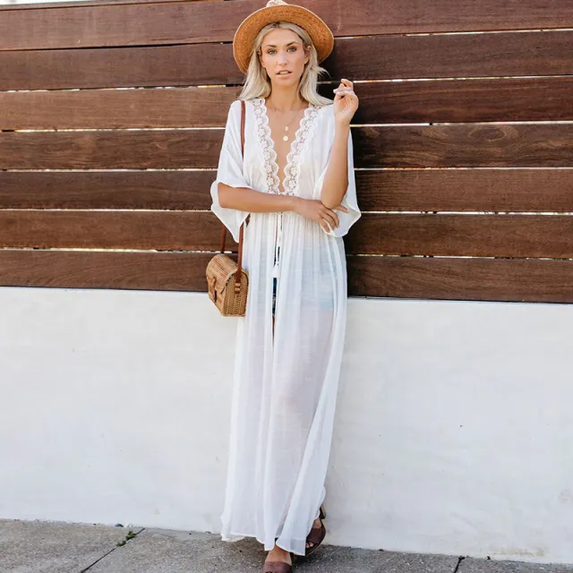 Lace Mid length Sun Protection Clothing Beach Jacket White - Shop at LoveMi